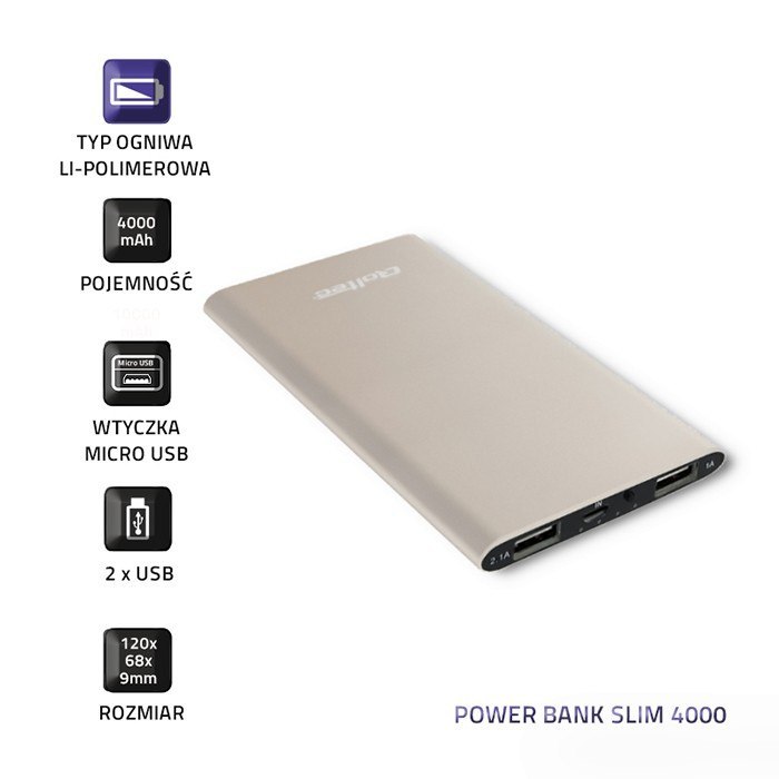 Qoltec Power Bank Slim 4000 | Li-polimerowa | złoty