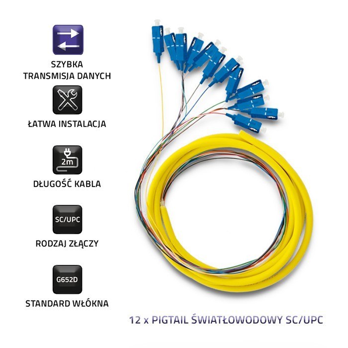 Qoltec 12 x Pigtail światłowodowy SC/UPC | Singlemode | G652D | 2m