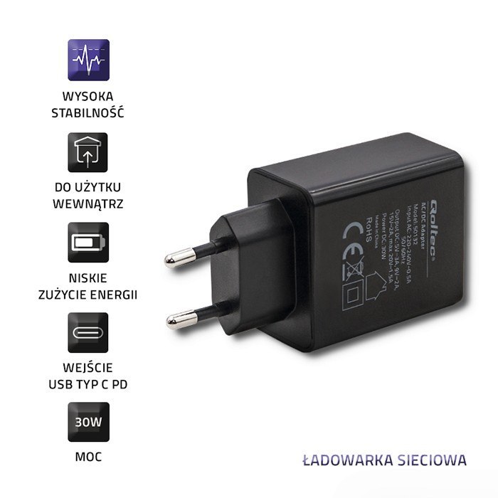 Qoltec Ładowarka sieciowa 30W | 5-20V | 1.5-3A | USB typ C | PD
