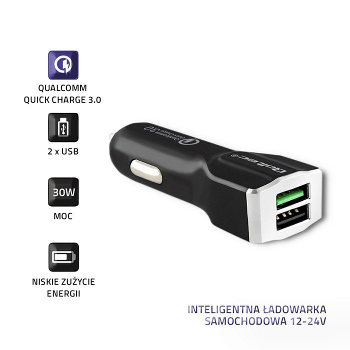 Qoltec Inteligentna Ładowarka samochodowa 12-24V | 30W | 5V | 3A | USB+USB Quick Charge 3.0
