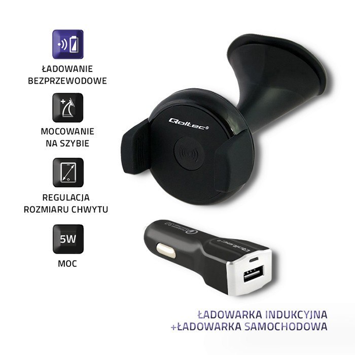 Qoltec Ładowarka indukcyjna + Ładowarka samochodowa | Qualcomm QuickCharge 3.0 12-24V | 3A | USB