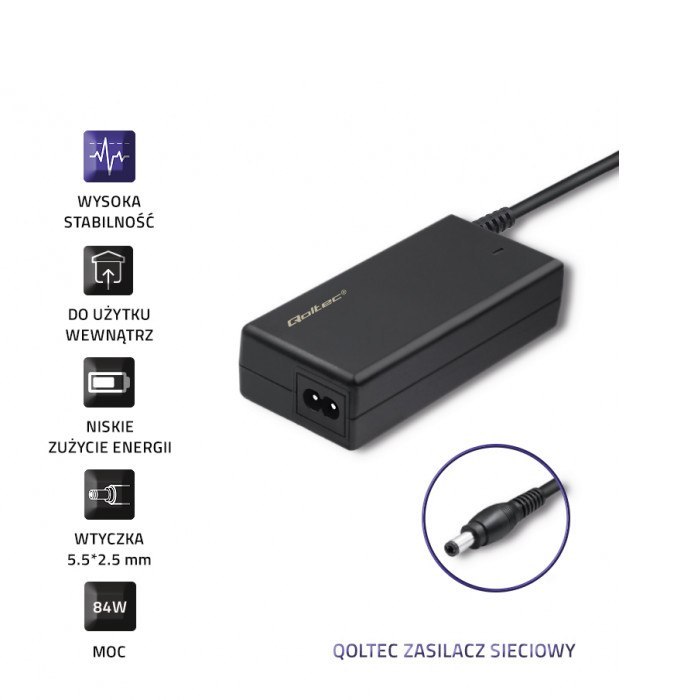 Qoltec Zasilacz desktopowy 84W | 12V | 7A | 5.5*2.5 | +kabel zasilający
