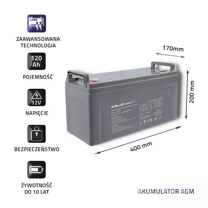 Qoltec Akumulator AGM | 12V | 120Ah | max 1440A