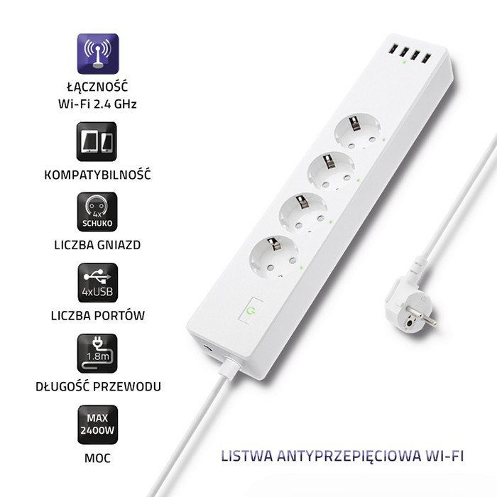 Qoltec Listwa antyprzepięciowa Wi-Fi SMART | 4 gniazda | 4 x USB