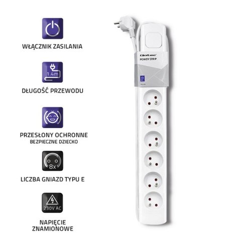 Qoltec Listwa zasilająca | 8 gniazd | 1.4m