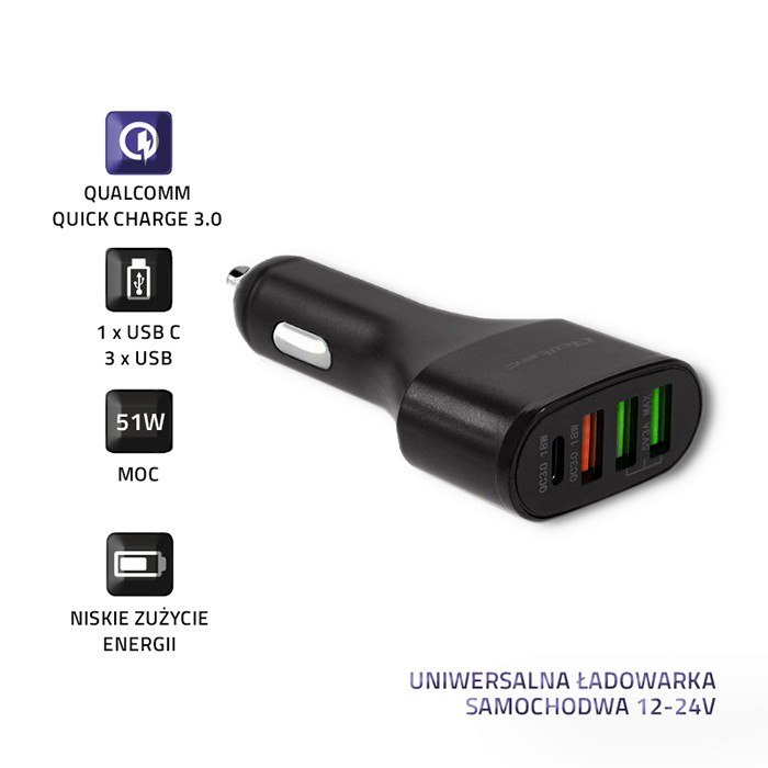 Qoltec Uniwersalna Ładowarka samochodowa 12-24V | 51W | 5A | 1 x USB typ C + USB QC 3.0 | 2 x USB Smart