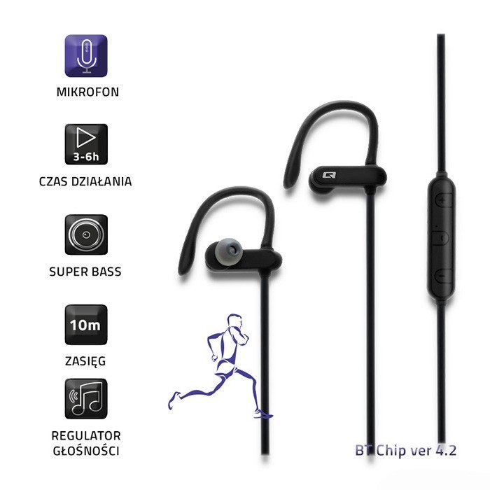 Qoltec Słuchawki sportowe bezprzewodowe | BT 4.2 | mikrofon | Super Bass | Czarne
