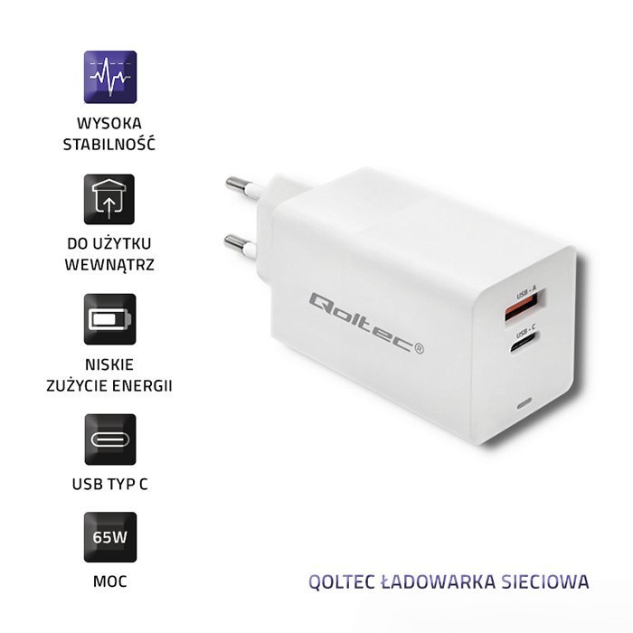 Qoltec Ładowarka GaN FAST 65W | 5-20V | 2.25-3.25A | USB | USB typ C PD