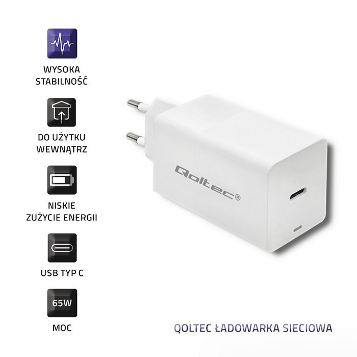 Qoltec Ładowarka GaN FAST 65W | 5-20V | 3-3.25A | USB typ C PD