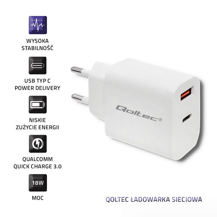 Qoltec Ładowarka sieciowa 18W | 5-12V | 1.5-3A | USB typ C PD | USB QC 3.0 | Biała