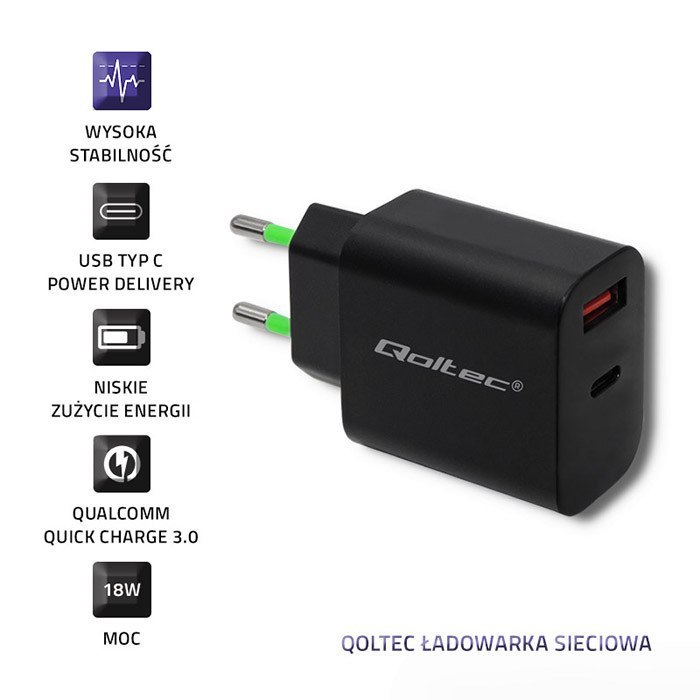 Qoltec Ładowarka sieciowa 18W | 5-12V | 1.5-3A | USB typ C PD | USB QC 3.0 | Czarna