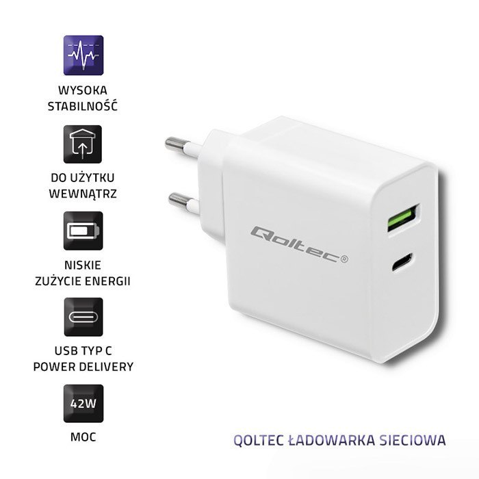 Qoltec Ładowarka sieciowa 42W | 5-20V | 2.4-3A | USB typ C PD | USB | Biała