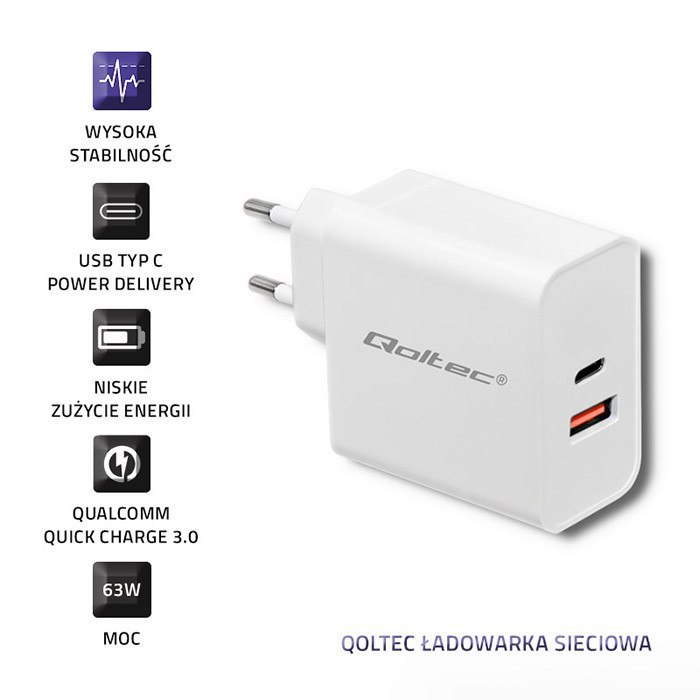 Qoltec Ładowarka sieciowa 63W | 5-20V | 1.5-3A | USB typ C PD | USB QC 3.0 | Biała