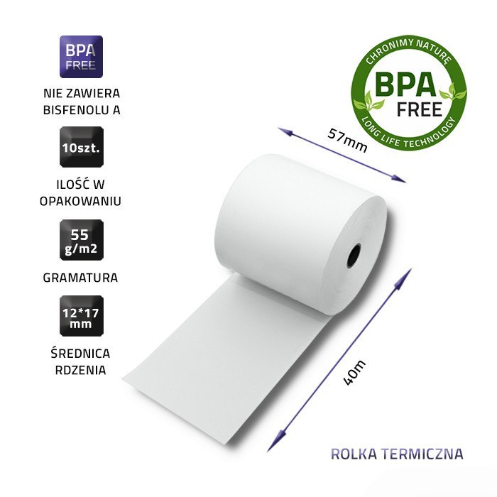 Qoltec Rolka termiczna 57 x 40 | 55g/m2 | 10szt. | BPA free