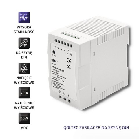 Qoltec Zasilacz na szynę DIN | 90W | 12V | 7.5A | Szary | Slim