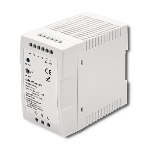 Qoltec Zasilacz na szynę DIN | 90W | 12V | 7.5A | Szary | Slim