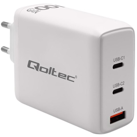 Qoltec Ładowarka sieciowa 100W GaN | 5-20V | 1.5-3A | 2 x USB-C PD | 1 x USB QC 3.0 | Biała