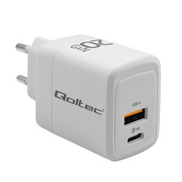 Qoltec Ładowarka sieciowa 20W GaN | 5-20V | 1.5-3A | 1 x USB-C PD | 1 x USB QC 3.0 | Biała