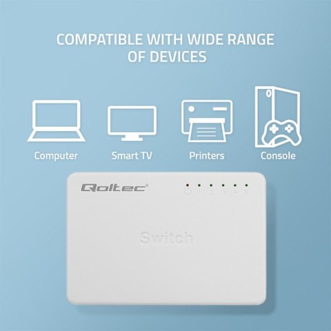 Qoltec SWITCH Przełącznik sieciowy 5 x port RJ45 | 100Mbps | Fast Ethernet | LAN