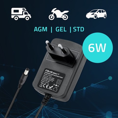 Qoltec Automatyczna ładowarka do akumulatora AGM GEL STD 12V | Prostownik 6W | 1A | Dioda LED