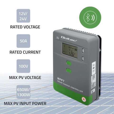 Qoltec Solarny regulator ładowania MPPT z czujnikiem temperatury 50A |12V / 24V | LCD | 2 x USB | Bluetooth | APP | GEL | LiFePO