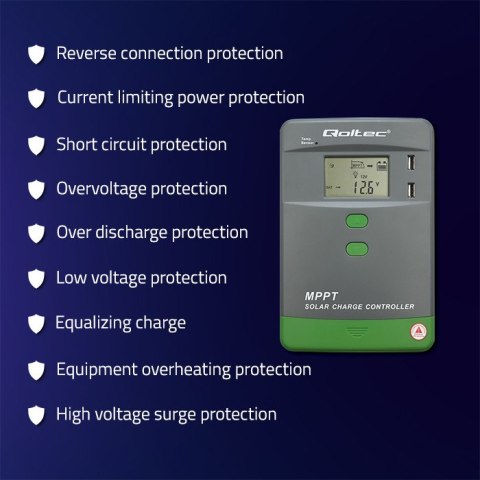 Qoltec Solarny regulator ładowania MPPT z czujnikiem temperatury 50A |12V / 24V | LCD | 2 x USB | Bluetooth | APP | GEL | LiFePO