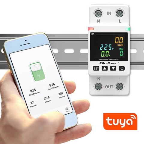 Qoltec Jednofazowy elektroniczny licznik watomierz | miernik zużycia energii | DIN35 | Zdalne sterowanie | Historia pomiaru | Wi