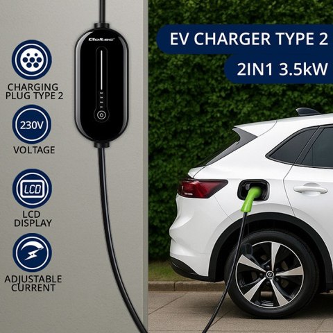 Qoltec Mobilna ładowarka do samochodu elektrycznego EV z regulacją 2w1 Typ2 | 3.5kW | 230V | LCD | 5m