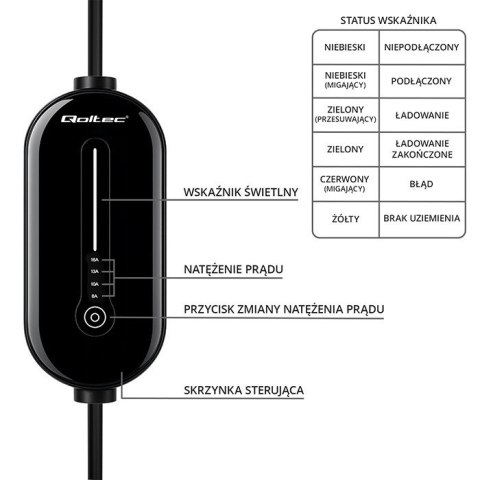 Qoltec Mobilna ładowarka do samochodu elektrycznego EV z regulacją 2w1 Typ2 | 3.5kW | 230V | LCD | 5m