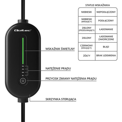 Qoltec Mobilna ładowarka do samochodu elektrycznego EV z regulacją 2w1 Typ2 | 3.5kW | 230V | LCD | 5m
