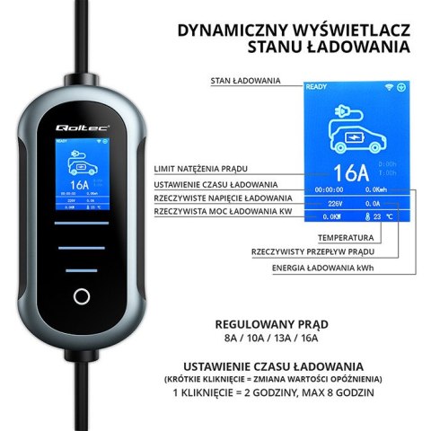 Qoltec Mobilna ładowarka do samochodu elektrycznego EV z regulacją 2w1 Typ2 | 3.5kW | 230V | Wi-fi | LCD | Przenośna | 5m