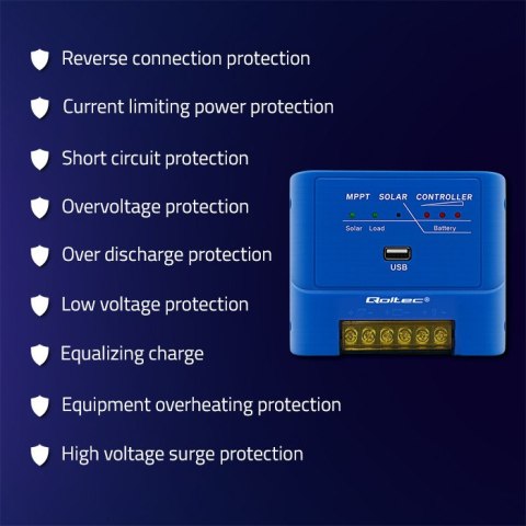 Qoltec Solarny regulator ładowania MPPT 15A do zasilania odbiorników DC i ładowania akumulatorów 12V / 24V | AGM | GEL | LiFePO4