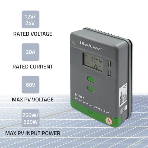 Solarny regulator ładowania MPPT z czujnikiem temp. 20A 12V/24VLCD 2xUSB